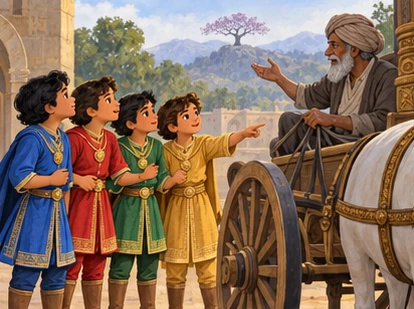 Four princes ask an elderly chariot driver about a distant woodland tree.