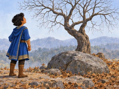 The blue-clad prince views the same leafless redbud tree beside a gray rock.