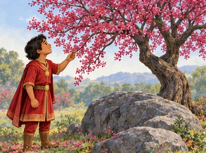 The red-clad prince admires red buds covering the same tree in spring.