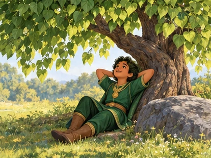 The green-clad prince rests beneath the same tree’s lush summer leaves.
