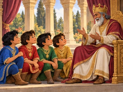 The king listens to the four brothers and explains the changing seasons.