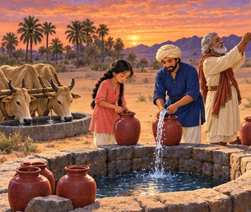 Filled jars, drinking oxen, and a cloth marker surround the new desert well at sunset.