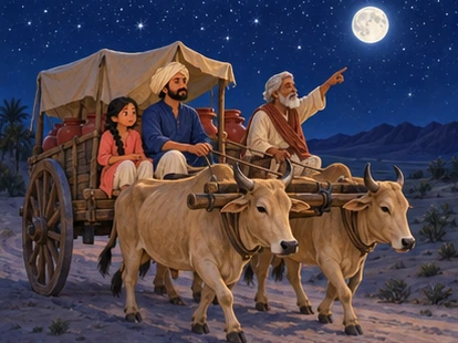 Oxen pull the cart through a moonlit desert as the guide points at stars.