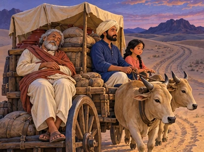 The dozing guide leans on the cart while the caravan curves around dunes.