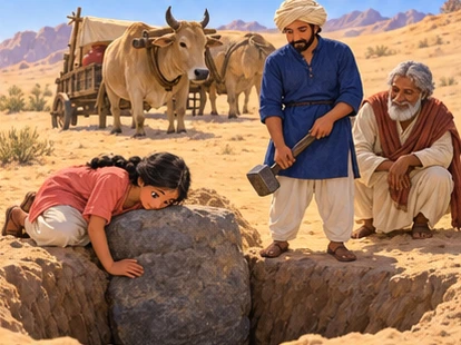 Tara listens near the exposed rock as Arun holds a hammer.