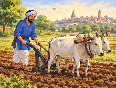 The village trader plows his field peacefully while the town lies in the distance.
