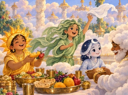 The siblings sit at a generous cloud-courtyard feast with bowls and fruit.