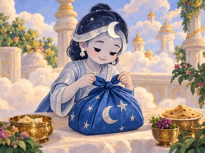 Moon carefully ties a clean blue cloth parcel containing covered food and fruit.
