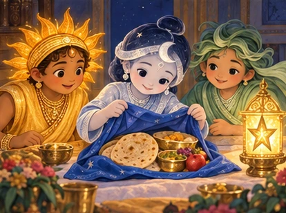 Moon opens the blue parcel beside their mother’s lamp while Sun and Wind watch, before Star joins them.