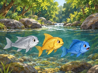 Three distinct silver, blue, and golden fishes swim in a quiet woodland river bend.