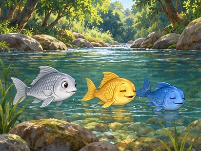 The three fishes rest safely in their clear woodland river bend.