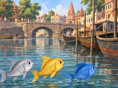 The three fishes approach a town riverbank with bridges and tied fishing boats.
