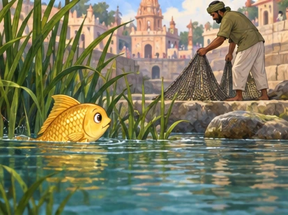 The golden fish stays outside the net and watches the fisherman on the bank.