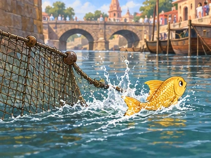 The golden fish makes splashes upstream beyond one end of the net.