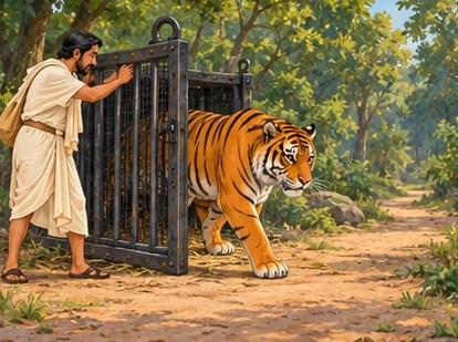 The traveler opens the trap door as the tiger steps onto the forest path.