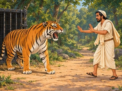 The tiger growls while the traveler asks for time and keeps a cautious distance.
