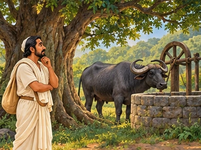 The traveler listens to a broad shade tree and a buffalo beside a well wheel.