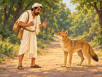 A golden jackal meets the worried traveler on the dusty forest road.