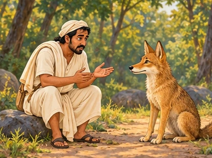 The jackal listens carefully as the traveler describes the trap and broken promise.