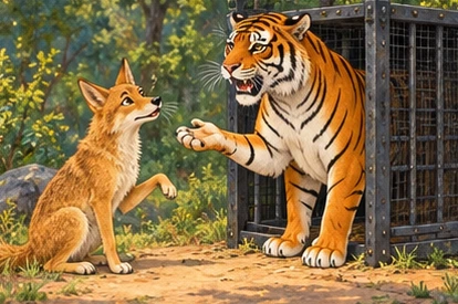 The jackal asks apparently confused questions while the tiger corrects him beside the trap.