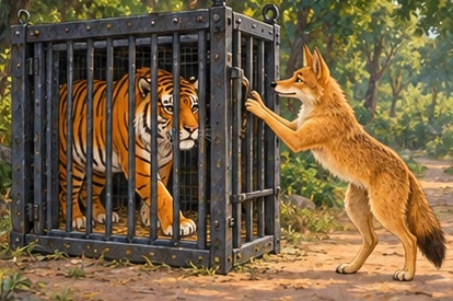 The tiger demonstrates by entering the trap as the jackal closes its door.