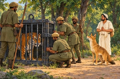 Forest keepers arrive safely to manage the secured trap as traveler and jackal wait away.
