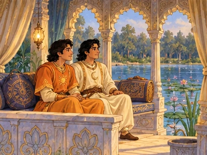 Sun and Moon wait safely together inside an enchanted waterside pavilion.