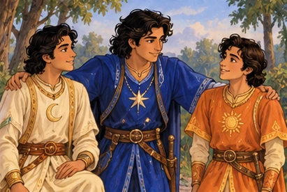 Star gestures toward youngest Sun while keeping a caring hand extended toward Moon.