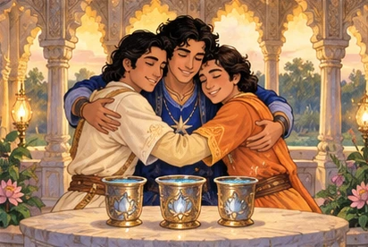 The pavilion opens and both brothers embrace Star beside filled water cups.
