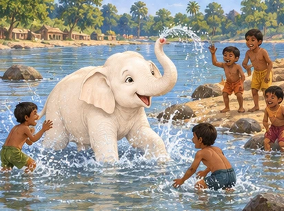 The young white elephant splashes in shallow water beside children on the bank.