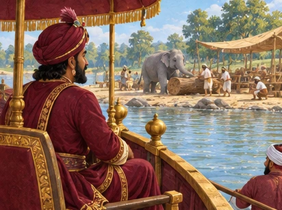 A maroon-clad king in a river boat watches the elephant work near the camp.
