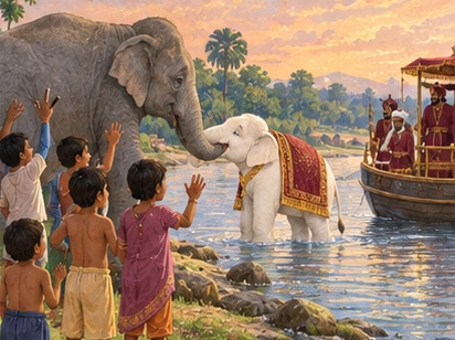 The white elephant says goodbye to his father as riverside children wave.