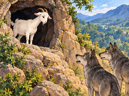 A white goat stands safely at a hillside cave while two wolves wait below.