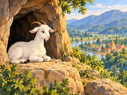The wise goat rests in her sunny cave entrance overlooking the peaceful hillside.