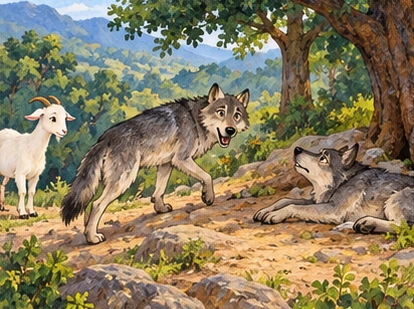 The goat follows at a distance as one wolf leads toward another lying under a tree.