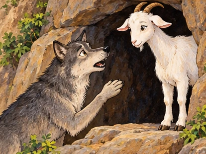 A wolf offers a new invitation at the goat’s cave entrance.