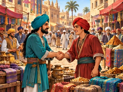 Both merchants trade peacefully in a lively market beyond the desert.