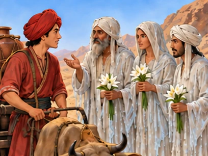 Wet-clothed strangers carrying lilies speak to the red-clad merchant.