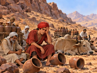 The first caravan rests stranded below a rocky ridge with empty jars.