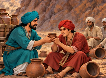 Suman offers water to thirsty travelers beside the rocky ridge.