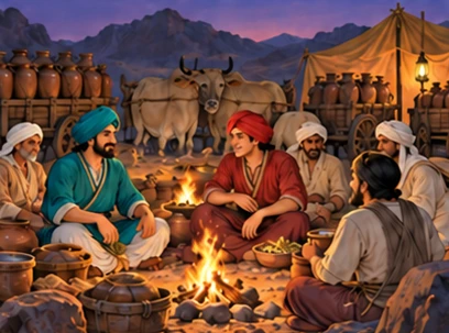 Both caravans form a safe evening camp with resting oxen and shared supplies.