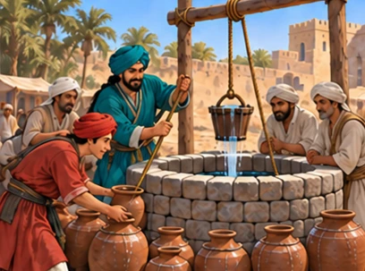 Travelers inspect a real well before refilling their water jars.