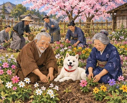 Village neighbours planting garden beneath blossoms, elderly couple and white Shiro relaxed together.