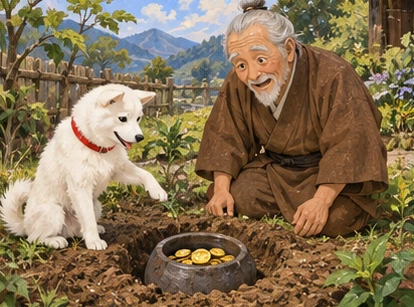 White dog pointing with paw to pot of coins in shallow garden hole, grandfather kneeling.