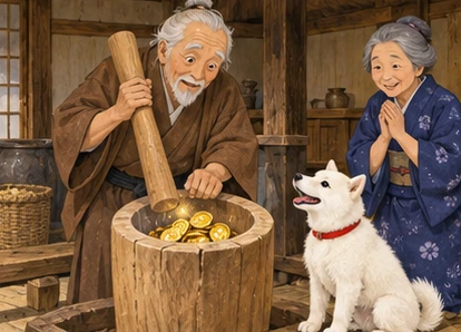 Grandfather using wooden mortar and pestle, few shining coins where rice was, Shiro nearby.