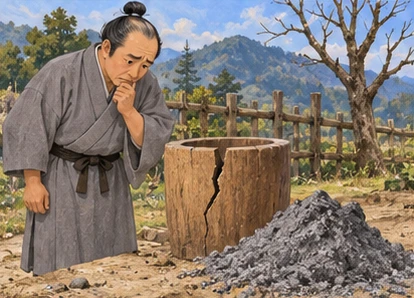 Neighbour beside cracked wooden mortar and cooled garden ash pile, no dog near fire.