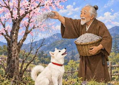 Grandfather gently sprinkling small ash pinch, bare cherry tree turning pink, white dog watching.