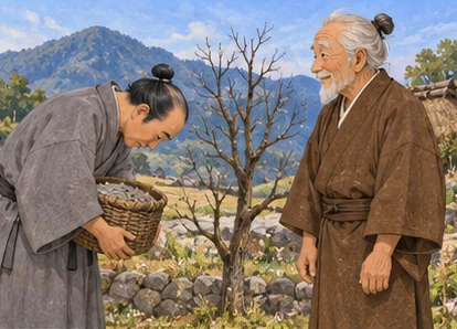 Neighbour showing ordinary ash basket and bowing apologetically to grandfather, bare small tree nearby.