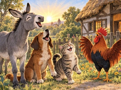 Four animal friends sing happily outside their welcoming cottage at sunrise.