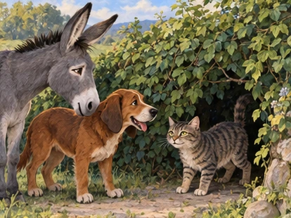 Donkey and dog greet a tabby cat beneath a hedge.